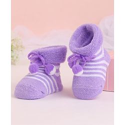 Cute Walk by Babyhug Socks With Striped & Pom Pom Detailing - Purple