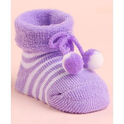 Cute Walk by Babyhug Socks With Striped & Pom Pom Detailing - Purple