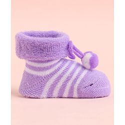 Cute Walk by Babyhug Socks With Striped & Pom Pom Detailing - Purple