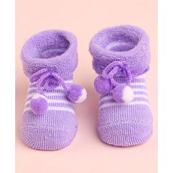 Cute Walk by Babyhug Socks With Striped & Pom Pom Detailing - Purple