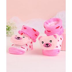 Cute Walk by Babyhug Socks With Polka Dots & Bear Face Applique - Pink