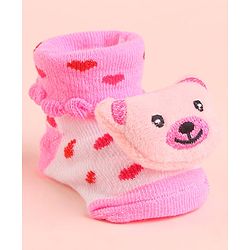 Cute Walk by Babyhug Socks With Polka Dots & Bear Face Applique - Pink