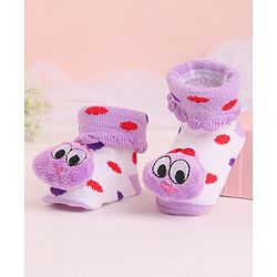 Cute Walk by Babyhug Socks With Polka Dots & Cartoon Face Applique - Purple