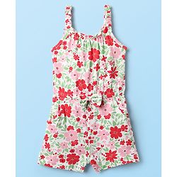 Babyhug Cotton Knit Sleeveless Jumpsuit With Floral Print & Bow Applique - White