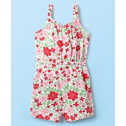 Babyhug Cotton Knit Sleeveless Jumpsuit With Floral Print & Bow Applique - White