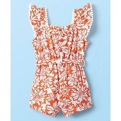 Babyhug Cotton Knit Frill Sleeves Jumpsuit With Floral Print & Fabric Belt - Orange
