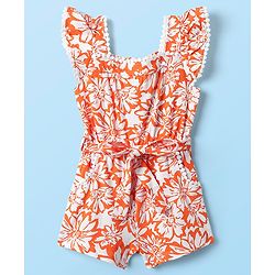 Babyhug Cotton Knit Frill Sleeves Jumpsuit With Floral Print & Fabric Belt - Orange
