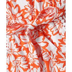 Babyhug Cotton Knit Frill Sleeves Jumpsuit With Floral Print & Fabric Belt - Orange