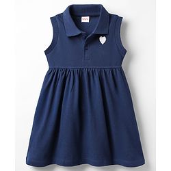 Babyhug Cotton Knit Sleeveless Collared Frock with Heart Embroidery - Navy Blue