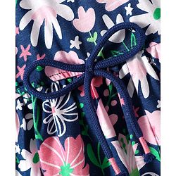 Babyhug Cotton Knit Cold Shoulder Sleeves Frock With Floral Print & Bow Applique - Navy Blue
