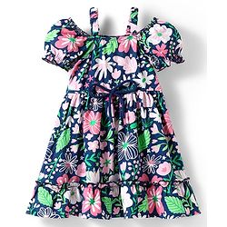 Babyhug Cotton Knit Cold Shoulder Sleeves Frock With Floral Print & Bow Applique - Navy Blue