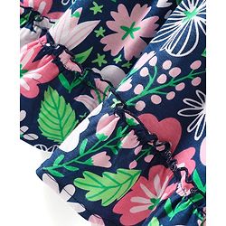 Babyhug Cotton Knit Cold Shoulder Sleeves Frock With Floral Print & Bow Applique - Navy Blue