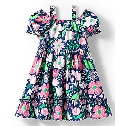 Babyhug Cotton Knit Cold Shoulder Sleeves Frock With Floral Print & Bow Applique - Navy Blue
