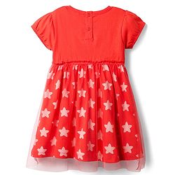 Babyhug Cotton Knit Half Sleeves Frock With Star Print & Bow Applique - Red