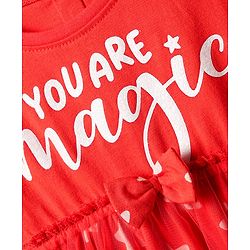 Babyhug Cotton Knit Half Sleeves Frock With Star Print & Bow Applique - Red