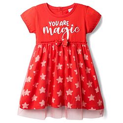 Babyhug Cotton Knit Half Sleeves Frock With Star Print & Bow Applique - Red