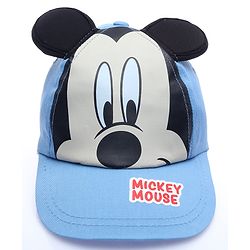 Babyhug Disney Cotton Woven Summer Cap with Mickey Mouse Family Graphics & 3D Ear Blue - Diameter 17 cm