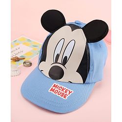 Babyhug Disney Cotton Woven Summer Cap with Mickey Mouse Family Graphics & 3D Ear Blue - Diameter 17 cm