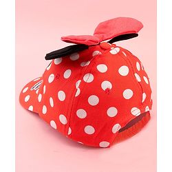 Babyhug Disney Cotton Woven Summer Cap with Minnie Mouse Family Graphics & 3 D Ear Applique Red - Diameter - 16 cm