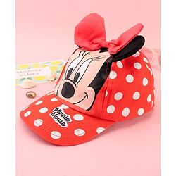 Babyhug Disney Cotton Woven Summer Cap with Minnie Mouse Family Graphics & 3 D Ear Applique Red - Diameter - 16 cm