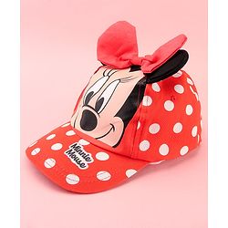 Babyhug Disney Cotton Woven Summer Cap with Minnie Mouse Family Graphics & 3 D Ear Applique Red - Diameter - 16 cm