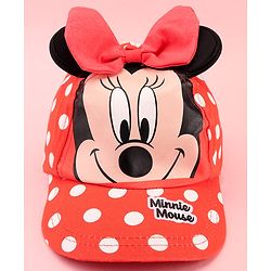 Babyhug Disney Cotton Woven Summer Cap with Minnie Mouse Family Graphics & 3 D Ear Applique Red - Diameter - 16 cm