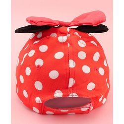 Babyhug Disney Cotton Woven Summer Cap with Minnie Mouse Family Graphics & 3 D Ear Applique Red - Diameter - 16 cm