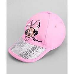 Babyhug Disney Cotton Woven Summer Cap With Minnie Mouse Family Graphics & Sequin Detailing Pink - Diameter 13 cm