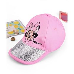 Babyhug Disney Cotton Woven Summer Cap With Minnie Mouse Family Graphics & Sequin Detailing Pink - Diameter 13 cm