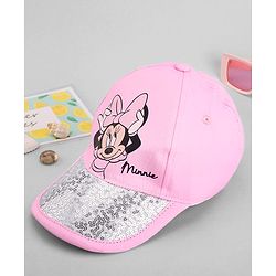 Babyhug Disney Cotton Woven Summer Cap With Minnie Mouse Family Graphics & Sequin Detailing Pink - Diameter 13 cm