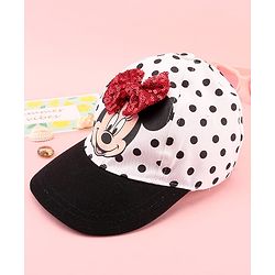 Babyhug Disney Cotton Woven Summer Cap with Minnie Mouse Family Graphics & Bow Detailing Black & White - Diameter 16 cm