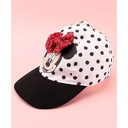 Babyhug Disney Cotton Woven Summer Cap with Minnie Mouse Family Graphics & Bow Detailing Black & White - Diameter 15.5 cm