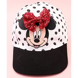 Babyhug Disney Cotton Woven Summer Cap with Minnie Mouse Family Graphics & Bow Detailing Black & White - Diameter 15.5 cm