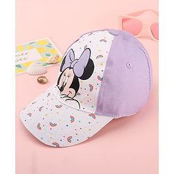 Babyhug Disney Cotton Woven Summer Cap with Minnie Mouse Graphics White & Lilac - Diameter 15 cm