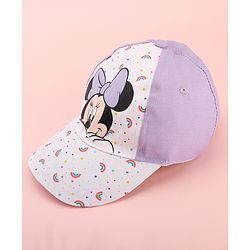 Babyhug Disney Cotton Woven Summer Cap with Minnie Mouse Graphics White & Lilac - Diameter 15 cm