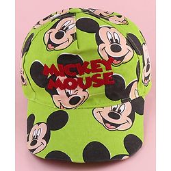 Babyhug Disney Cotton Woven Summer Cap with Mickey Mouse Family Green - Diameter 12 cm