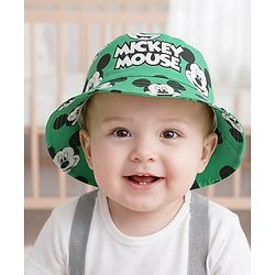 Babyhug Disney Cotton Woven Summer Cap With Mickey Mouse Print Green - Diameter 25 cm