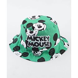 Babyhug Disney Cotton Woven Summer Cap With Mickey Mouse Print Green - Diameter 25 cm