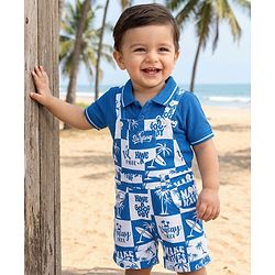 Babyhug Single Jersey Knit Dungaree & Half Sleeves Polo T-Shirt With Beach Theme Print - Blue & White