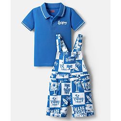 Babyhug Single Jersey Knit Dungaree & Half Sleeves Polo T-Shirt With Beach Theme Print - Blue & White
