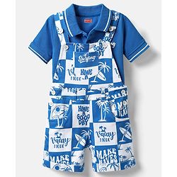 Babyhug Single Jersey Knit Dungaree & Half Sleeves Polo T-Shirt With Beach Theme Print - Blue & White