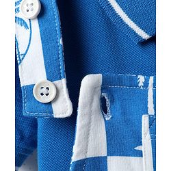 Babyhug Single Jersey Knit Dungaree & Half Sleeves Polo T-Shirt With Beach Theme Print - Blue & White