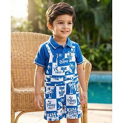 Babyhug Single Jersey Knit Dungaree & Half Sleeves Polo T-Shirt With Beach Theme Print - Blue & White