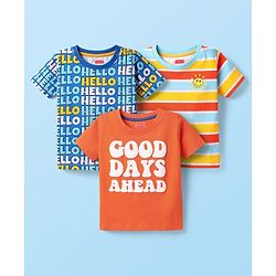Babyhug Cotton Knit Half Sleeves Striped T-Shirts with Text Print Pack of 3 - Orange Blue & Yellow