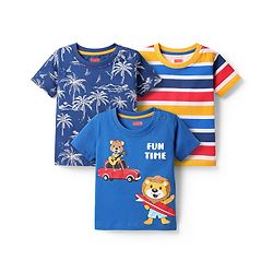 Babyhug Cotton Knit Half Sleeves T-Shirts With Stripes & Animal Print Pack Of 3 - Blue & Yellow
