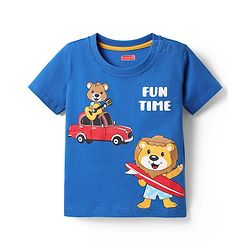 Babyhug Cotton Knit Half Sleeves T-Shirts With Stripes & Animal Print Pack Of 3 - Blue & Yellow