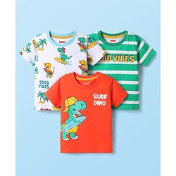 Babyhug Cotton Knit Half Sleeves T-shirt With Stripes & Animal Graphics Pack Of 3  - Light Green White & Orange