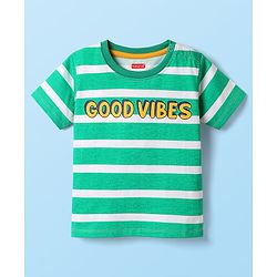 Babyhug Cotton Knit Half Sleeves T-shirt With Stripes & Animal Graphics Pack Of 3  - Light Green White & Orange