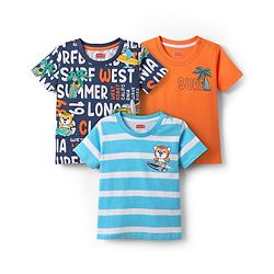 Babyhug Cotton Knit Half Sleeves T-shirt With Stripes & Beach Theme Graphics Pack Of 3  - Light Blue Navy Blue & Orange