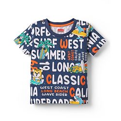 Babyhug Cotton Knit Half Sleeves T-shirt With Stripes & Beach Theme Graphics Pack Of 3  - Light Blue Navy Blue & Orange